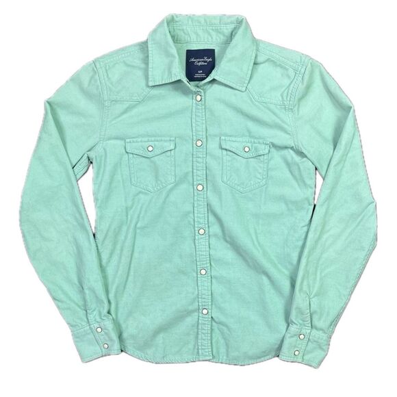 American Eagle Women's Mint Corduroy Snap Button Down Trucker Shacket Jacket M - Picture 1 of 7